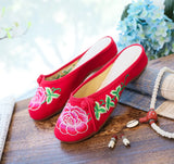 Breakj Retro Plate Buckle Decoration Peony Embroidered Canvas Summer Color Cool Slippers