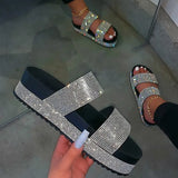 Trend Women Rhinestone Sandals Platform Wedge Mid Heel Thick Sole Outdoor Shiny Crystal Sexy Ladies Female 2021