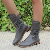 Mid Calf Boots Lace Up Boots Female Women Shoes Rivet Low Heels Zip Footwear Leather Women's Short Boots Plus Size