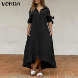 Women Shirt Dress 2022 VONDA Casual Solid Color 3/4 Sleeve Party Long Maxi Dresses Asymmetric Hem Ruffled Vestido Beach