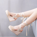 Queen Womens Summer High Heels Platform Wedge Sandals Ankle Buckle Strap Closed Toe Rubber Lace-up
