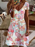 Office Elegant Floral Printed Women Dress Summer Sexy Deep V Neck Mini Short Dress 2022 Casual Short Sleeved Loose Beach