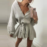 Fashion Elegant Commuting V-neck Dress Sexy Sweet Solid Color Ruffle Dress Office Ladies Elegant Straight Long Sleeve