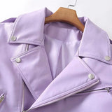 Spring Autumn Women Faux Leather Jacket Streetwear Lapel Oversized Purple Pu Leather Loose Coat with Belt Lady
