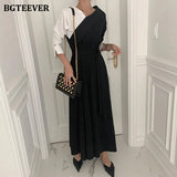 Stylish V-neck Patchwork Women A-line Dress Chic Full Sleeve Lace-up Long Female Dress Elegant Spring Dress
