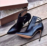 Size 13 Black Leather Ankle Boots Cut-out Strap Buckle Pointed Toe High Heel Shoes Sexy Women Gladiator Sandals