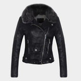 New Women Winter Faux Leather Jacket Warm Large Fur Collar Lady Motorcycle Pu Faux Soft Leather White Black Pink