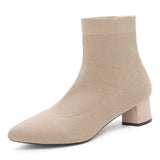 Autumn And Winter New Pointed Middle-Sleeve Boots Women's Thick Heels, Knitted Fashion Elastic Boots, Comfortable Casual