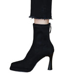 Breakj New 2024 Autumn And Winter Female Frosted Elastic High Heel Thick Heel Square Head Waterproof Platform Package Leg Thin Boots Ankle Boots High
