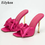 2022 New Arrival Silk Butterfly-knot high heels Women Slippers Sandals Square toe Mule Slippers Slides Party