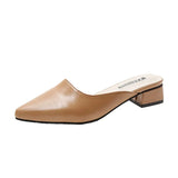 Pointed Toe Womens Slippers Slip On Ladies Mules Low Heel Woman PU Leather Pumps Summer Casual Slides