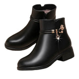 Breakj Leather Mother Cotton Shoes Autumn And Winter Add Velvet Women's Short Boots Middle-Aged Warm Low Heel Thick Heel Rhinestone Snow