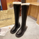 Women Thigh High Boots Winter Knee High Fur Boots Black White Flat Leather Boots Thick Plush Warm Botas Platform