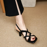 New Cross Hollowed Out Square Toe Sandals With Summer Black Heels Women's