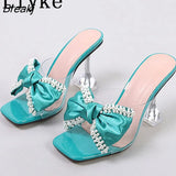 PVC Transparent Slippers For Women 2023 Fashion Pearl Butterfly-Knot Summer Sandal Clear High Heels Big Size 46 Shoes