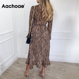 Long Dresses 2021 Women Zebra Print Beach Bohemian Maxi Dress Casual Long Sleeve V Neck Ruffles Party Dress