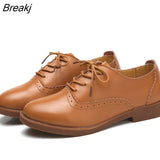 Women Brogue Shoes Woman Flats Autumn Spring Women's Oxfords Genuine Leather Full Black Flat Office Derby Female