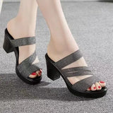 Breakj High-Heeled Women's Shoes 2025 Summer New Word With Flash Powder Waterproof Table Sandals Fish Mouth Coarse And Cool Slippers
