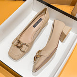 Women Pumps PU Decoration Ladies Square Heel Single Shoes Retro Square Toe Casual Zapatos Mujer Primavera Verano