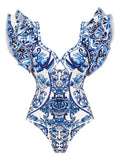 Shoulder Lotus Side Deep V-Piece Swimsuit Women's Half-Dress Two Sets Of Retro-Print