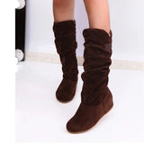 For Women Pleated Female Flock Warm Shoes Round Toe Flat Woman Casual Footwear Women's Mid-calf Boots Drop