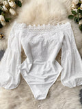 Women's Bodysuits 2023 Summer Autumn Ins Hollow Lace Spliced Lace-up V-neck Off Shoulder Lantern Sleeve Sexy Club Body