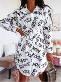 Ladies Popular Fashion Letter Print Dresses Spring Autumn Women Casual Long Sleeve Mini Dress Lapel Single-breasted Beach