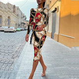 Spring Women Sexy Backless Slim Fit Bodycon Party Dress Elegant Office Ladies Long Sleeve Dress New Autumn Vintage Printed