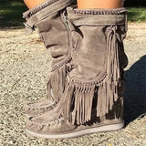 Boots Woman Pleated Tassel Mid-calf Boots Womens Sewing Footwear Buckle Leather High Heels Shoes Female Plus Size