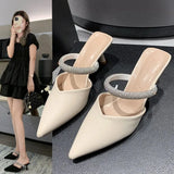 Breakj Summer New Fashion Pointed Head Half Drag Diamond A Word With High Heel Slippers Thin Heel Women's