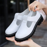 Thick Heels Pumps Shoes Black White Genuine Leather Velcro Mary Janes Wedge Platform Round Toe Lolita Nurse Female