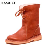 2022 Women Winter Mid Calf Boots Leather Snow Boots Lace Up Plush Fur Warm Slip-on Ladies Shoes Square Heel Short