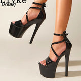Fashion Runway Ankle Strap Platform Sandals Women Summer Patent Leather Open Toe Zip Sexy 17CM High Heels Pole Dance
