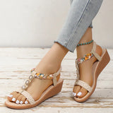 Summer Wedge Sandals for Women Crystal Printed Elastic Strap Gladiator Sandals Woman Comfortable Non Slip Beach
