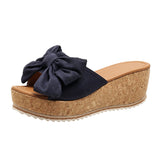 Breakj Bow Thick Bottom Slippers Female Leopard Print Cloth One-Line Shaped Wedge Sandals