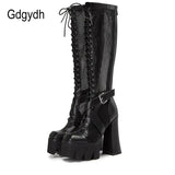 Summer Platform Boots Gothic Knee High Chunky Heel Fashion Buckle Street Style Black Genuine Leather Women Shoes