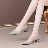 Breakj And Autumn 2025 New Pearl Water Drill Shallow Mouth Coarse Single Shoes Women's Flat Shoes Fashion Low-Heeled Large Women's