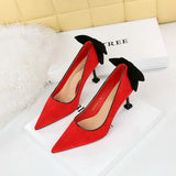 Breakj Korean Version Of Sweet High Heels Women's Shoes With High Heel Suede Shallow Pointed Head Of Color Bow Single