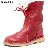 2022 Women Winter Mid Calf Boots Leather Snow Boots Lace Up Plush Fur Warm Slip-on Ladies Shoes Square Heel Short