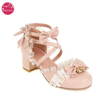 Japanese Lolita Round Head Student Cute Bow Jk High Heel Shoes Bowknot Princess Kawaii Girl Women Pumps Cos Vintage Sweet