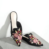 Embroider Floral Shoes Ladies Pointed Toe Slippers Silk Mules Woman Low Heels Slides Flat Sandals Femmes Outside