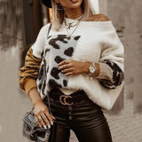 Fashion Leopard Patchwork Women Sweater Winter Warm Elegant Furry Soft Lady Knit Jumper Autumn O Neck Long Sleeve Tops