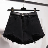 New Summer Women High Waist Hole Blue Denim Shorts Casual Female Solid Color Frayed Black Jeans Shorts With