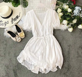 Women Polka Dot Chiffon Overalls Sashes Korean Short Sleeve V Neck Beach Rompers Loose Casual Summer Wide Leg