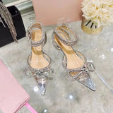 Hot Glitter Rhinestones Women Pumps Crystal bowknot Satin Summer Lady Shoes Genuine leather High heels Party Prom