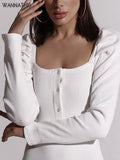 Knitted Ribbed Top Square Collar Ladies Sexy Puff Sleeve Ladies Skinny Button 2021 Autumn Basic Korean Casual