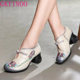 Women Embroidery Pumps Grey Lady 6CM High Heels Shoes Handmade Women Genuine Leather Pumps Autumn Shoes