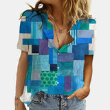 Women Elegant Office Simple Turn-down Collar Cartoon Print Casual Shirt Fashion Summer Short Sleeves Button Cardigan