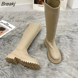 Autumn Winter Women Long Boots PU Leather Ladies Zipper Knight Flats Heel Boots Fashion Non Slip High Heel Knee-high