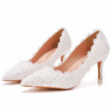 Breakj Cm Pointed Single Shoes Small Thin Heel Single Heel Single Shoe Tips Shoes Large Size Women's Shoes Lace Wedding Shoes Bridesmaid